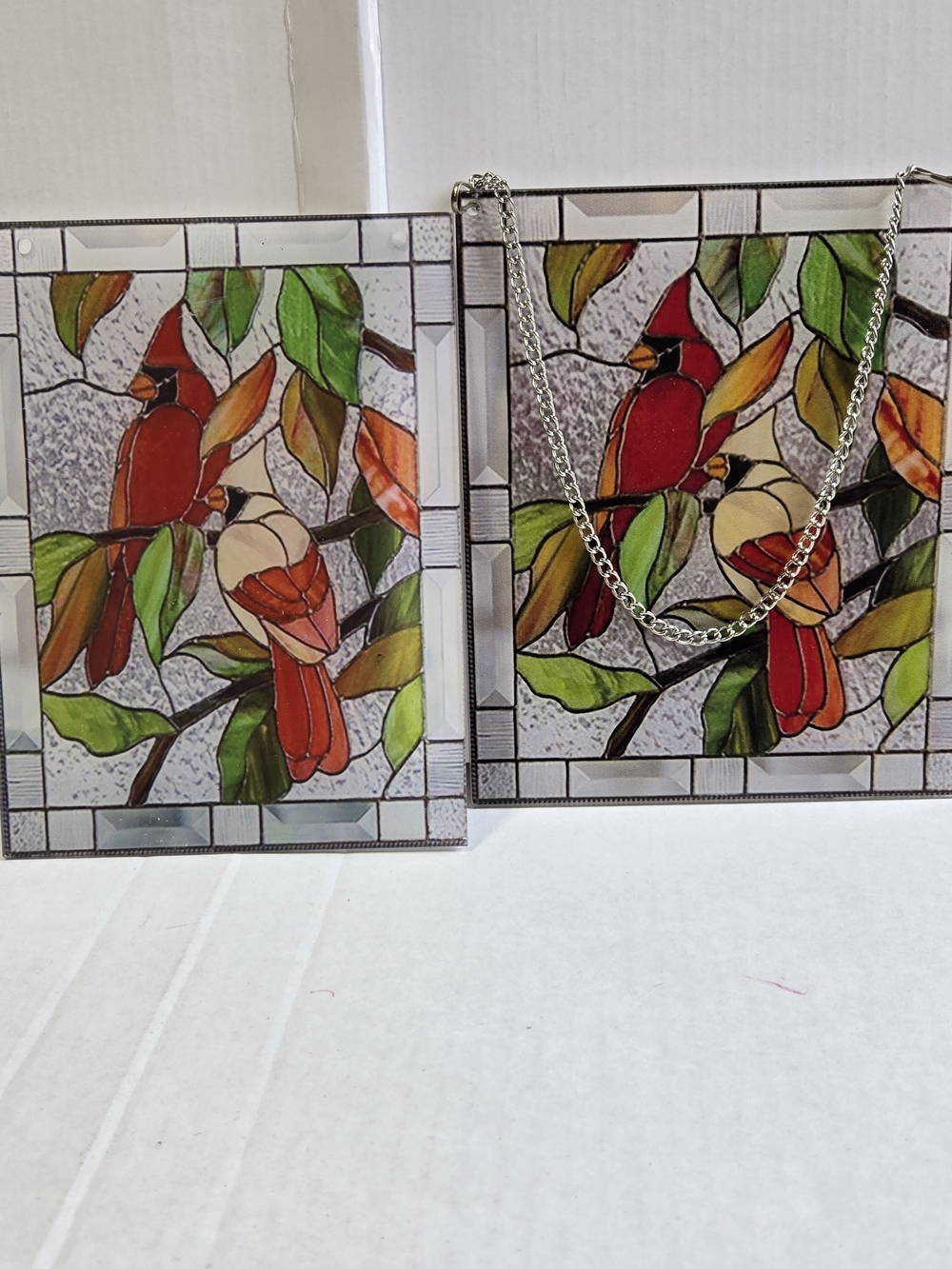 Set of 2 Cardinal Faux Stained Glass Window Panels Plastic Suncatchers 7x8 & 6x8